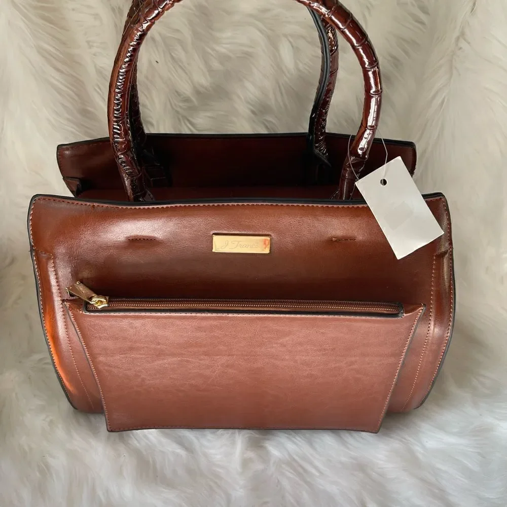 NWOT J Francis Brown satchel bag with crocs embossed print on sides & st…